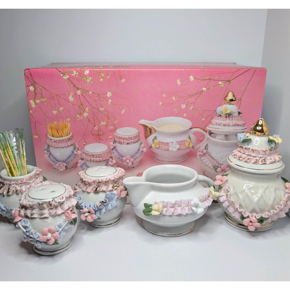 Vintage Porcelain Tableware Set Pink Eyelet Lace Applied Flowers Gold Trim